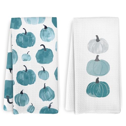 Teal Pumpkin Fall Decor Kitchen Towels Set of 2 - Autumn Thanksgiving Home Accessories
