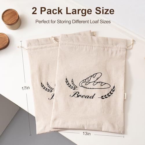 Reusable Linen Bread Bags with Plastic Liner, 17x13 Inches, 2 Pack