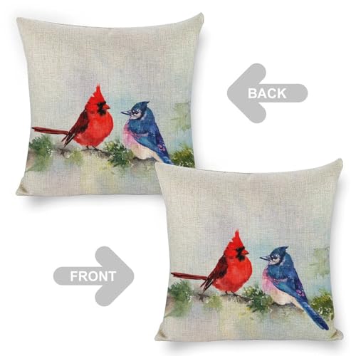 Linen Cardinal & Blue Jay 18x18 Pillow Covers - Farmhouse Decor