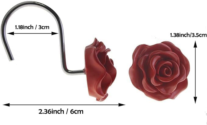 Red Rose Shower Curtain Hooks 12 pcs - Decorative Rust-Resistant Bathroom Rings