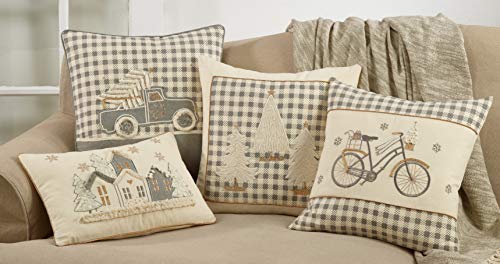 18x18 Holiday Plaid Christmas Truck Pillow with Down Filling - Grey