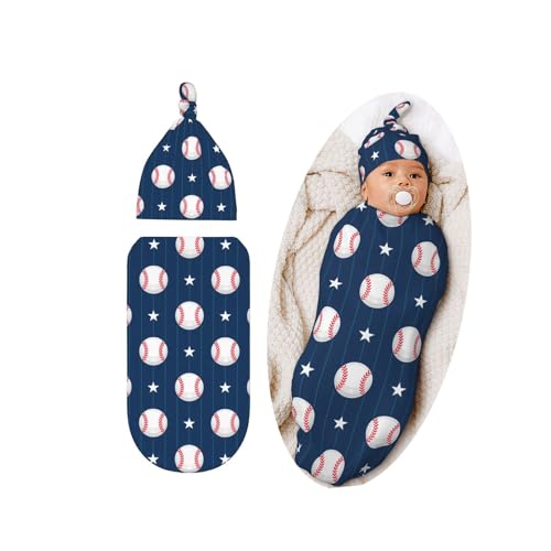Lcokin Baseball Print Baby Swaddle Blanket and Newborn Hat Set (0-6 Months)