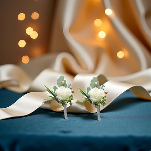 White Rose Boutonniere Set of 2 Artificial Flowers with Pins for Wedding
