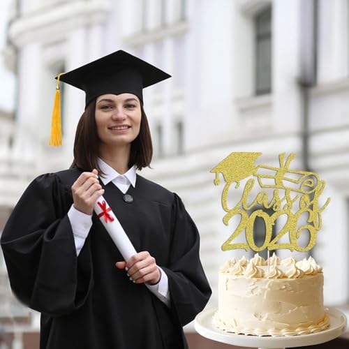 2026 Gold Graduation Cake Topper - Glitter Party Decoration