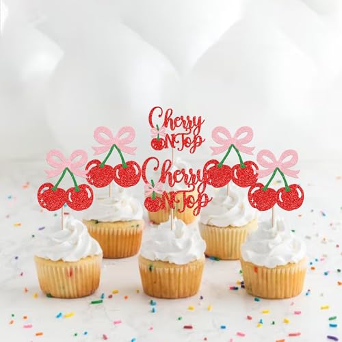 24 PCS Cherry On Top Cupcake Toppers - Glitter Cherry Picks, Design 1