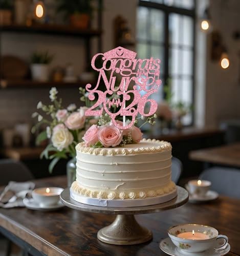 Congrats Nurse 2026 Cake Topper - Pink Glitter for Graduation
