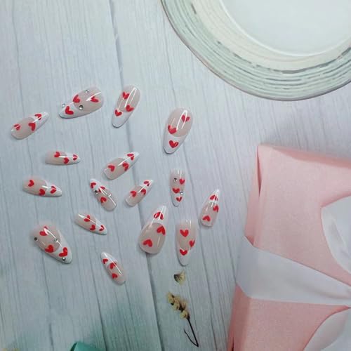 Red Heart French Tip Press on Nails with Rhinestones Medium Pointed