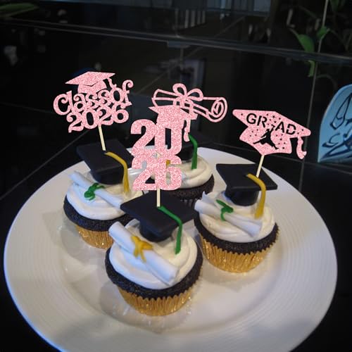 2026 Graduation Cupcake Toppers - 24Pcs Glitter Graduation Picks