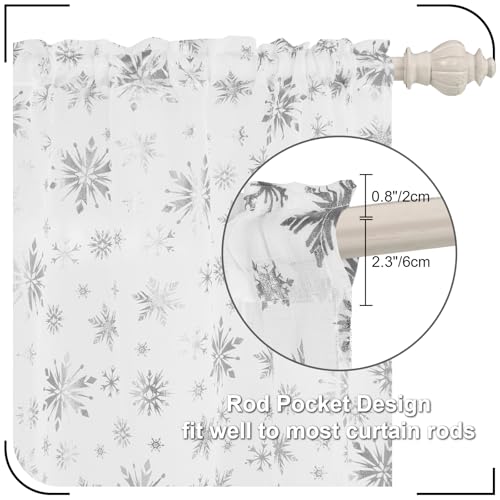 Christmas Sheer Curtains with Snowflake Foil Print, 52W x 63L, 2 Panels - White-Silver