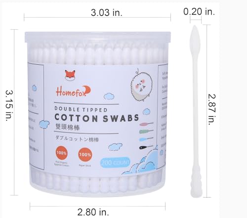 HOMEFOX Organic Cotton Swabs 200 Count Spiral and Pointed Tips