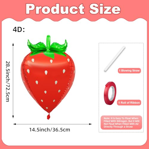 28-Inch Strawberry Balloons - 4 Pack 4D Mylar Foil Decorations