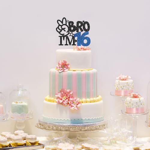 Bro I'm 16 Cake Topper - Black Glitter 16th Birthday Party Supplies