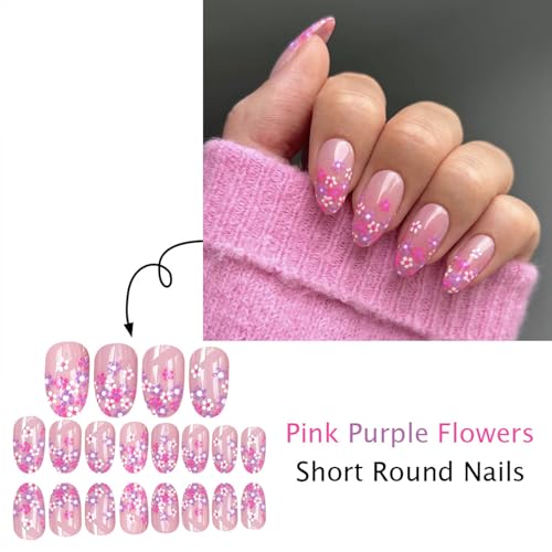 Short Almond French Tip Press on Nails with Floral Design, 24Pcs Reusable Acrylic False Nails