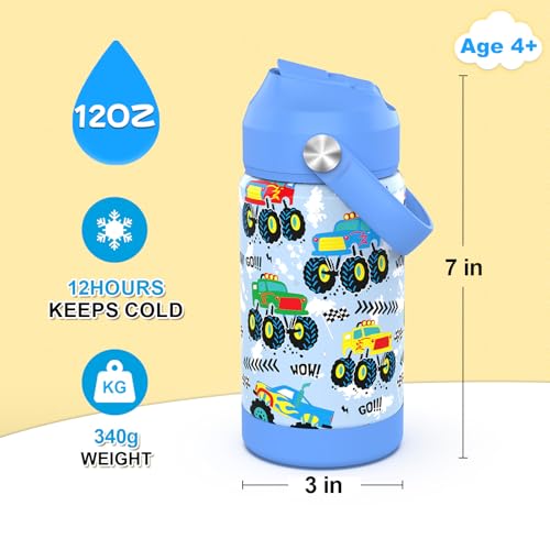 Monster Truck Insulated Water Bottle with Straw - 12 oz Kids Cup