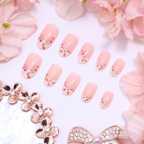 Short Almond French Tip Press on Nails with Pink Floral Design