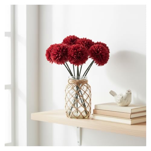 Burgundy Artificial Mums - 12Pcs Silk Flowers with Bendable Stems