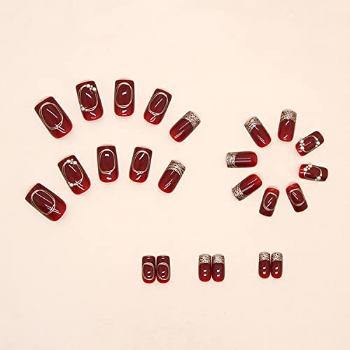 Press On Nails Medium Square Wine Red False Nails with Pearls Rhinestones