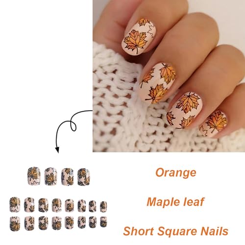 Fall Maple Leaf Press On Nails Short Square Acrylic Fake Nails