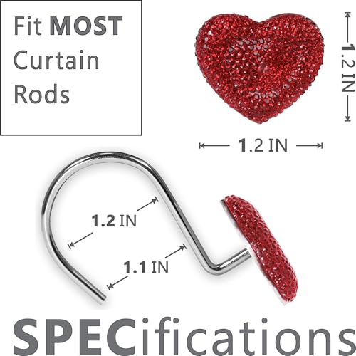 Red Heart Shower Curtain Hooks with Crystal Rhinestones - 12 Pcs