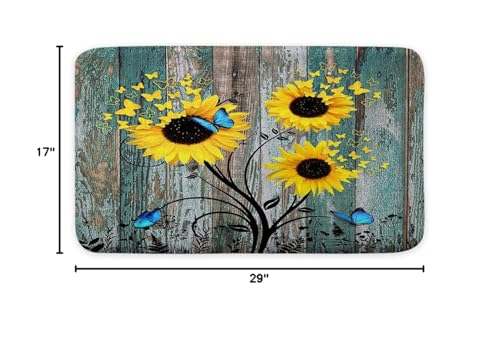 Teal Blue Sunflower Bath Rug 17x29 Inch - Waterproof Non-Slip Butterfly Design