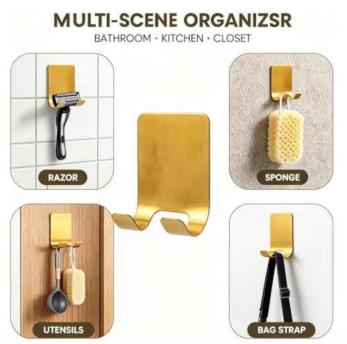 Liedrg Gold Adhesive Hooks - 4-Pack Stainless Steel Wall Hangers for Bathroom