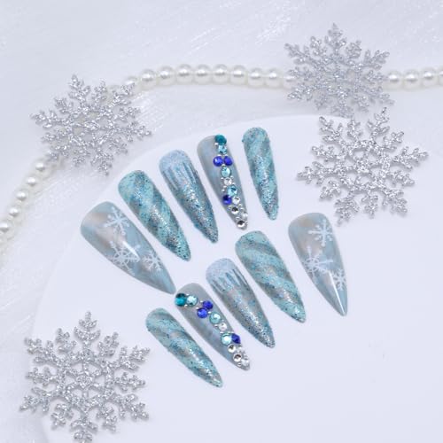 Christmas Press on Nails Long Almond False Nails with Rhinestones & Glitter