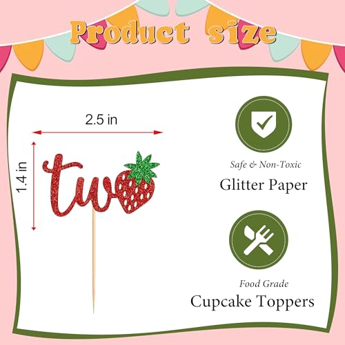 12 Red Glitter 'Two' Strawberry Cupcake Toppers for 2nd Birthday