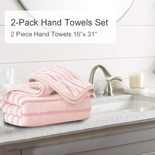 Oliven 2 Piece Pink Cabana Stripe Hand Towels Set - 16"x31" Ultra Soft and Absorbent