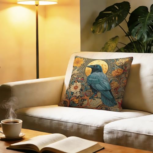 Vintage Crow Raven Throw Pillow Cover 18x18, Gothic Floral Moon Cushion Case