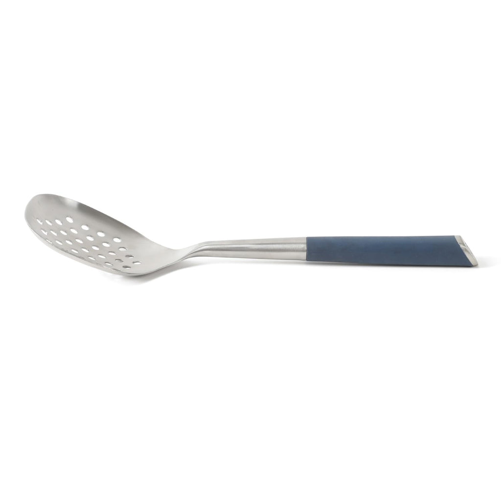 Calphalon Edge Stainless Steel Slotted Spoon/Skimmer, Kitchen Strainer Spoon, Skimmer with Silicone Heat Resistance Handle, Slotted Cooking Tool for Draining and Skimming (Blue)