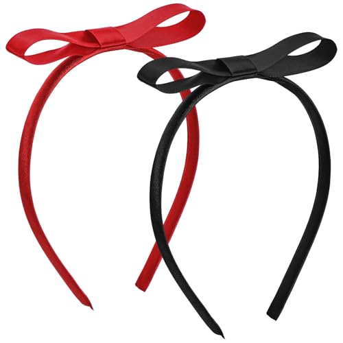 2PCS Satin Bow Headbands Red and Black Thin Hair Bow Headband for Costumes