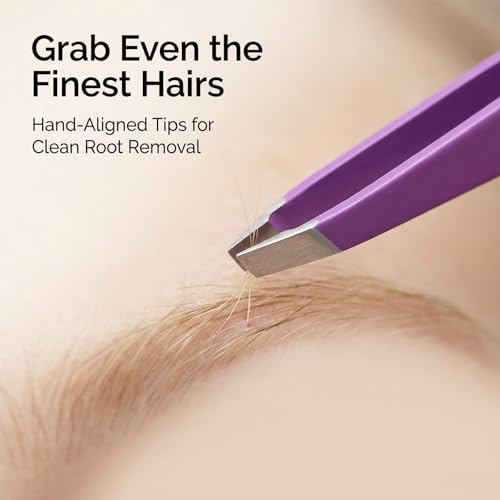 Purple Tweezers Set, 4 Pack Stainless Steel Precision Eyebrow Tweezers