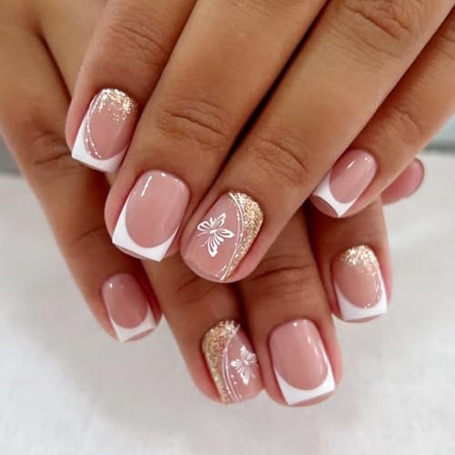 Square Press on Nails Butterfly Short Fake Nails French Acrylic