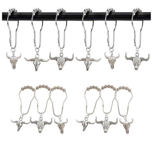 Western Cow Shower Curtain Hooks - 12 Metal Bull Skull Hooks