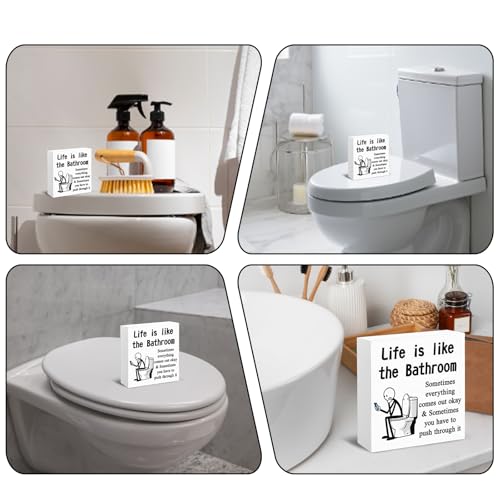 Funny Bathroom Sign Decor - Inspirational Wooden Shelf Art