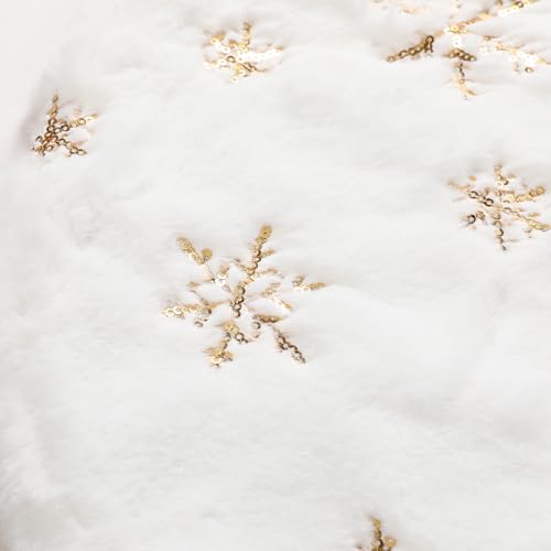 18-Inch Mini Christmas Tree Skirt White with Gold Sequin Snowflakes - Festive Holiday Decor