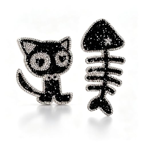 Minason Black Crystal Bling Cat and Fish Bone Sequin Iron-On Patch