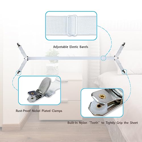 White Bed Sheet Straps Pack of 2, Fitted Sheet Corner Holders, Adjustable Bed Sheet Clips