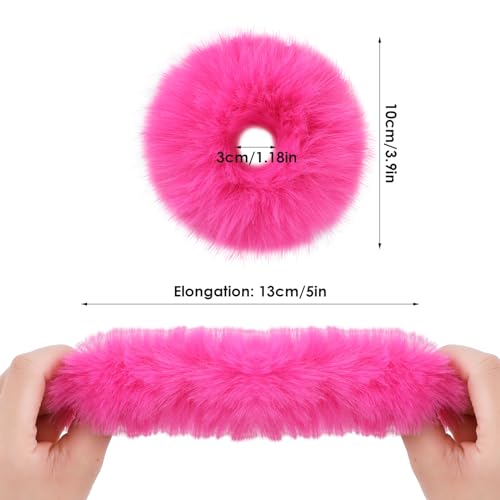 Lusofie Hot Pink Faux Fur Pompom Hair Scrunchies - 2 Pack Fluffy Hair Ties