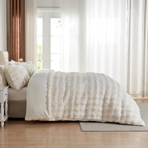 King Size Faux Rabbit Fur Comforter Cover Set Cream White Plush Bedding
