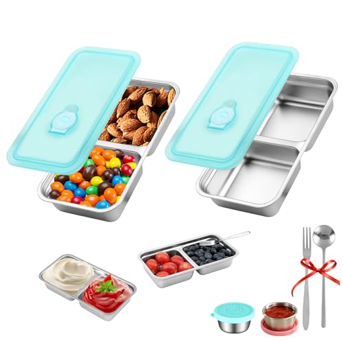 KITHELP Stainless Steel Double Compartment Snack Containers - Blue (2 Pack)