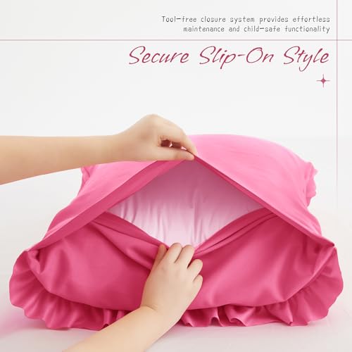 Vonty Hot Pink Ruffled Pillow Cases Set of 2, 20x54 Inch Body Size, Double Ruffle Design