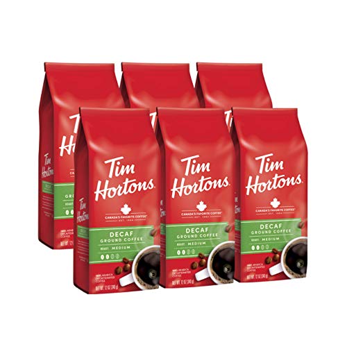 Tim Hortons Decaf Medium Roast Ground Coffee, 100% Arabica, 6 x 12 oz Bags