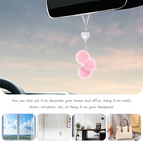 Bling Car Hanging Ornament Rhinestone Heart & Plush Ball Pink