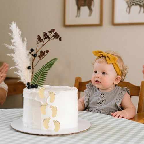 QUERDINOV 6 PCS Gold Acrylic Baby Foot Cake Toppers for Showers