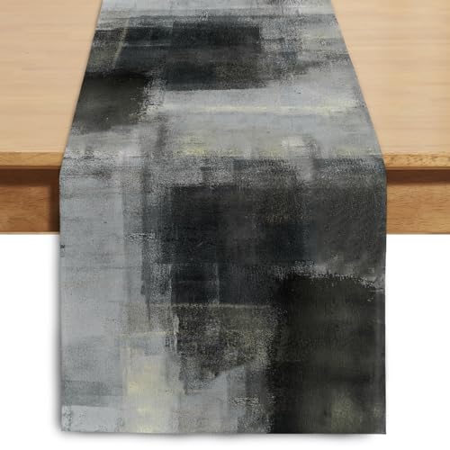 Black Grey Watercolor Table Runner 13x108 Inches - Durable Polyester Linen Blend