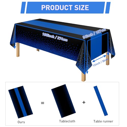 Disposable Plastic Tablecloths 54x108 Black Blue Dots 8 Pack - Party Table Cover