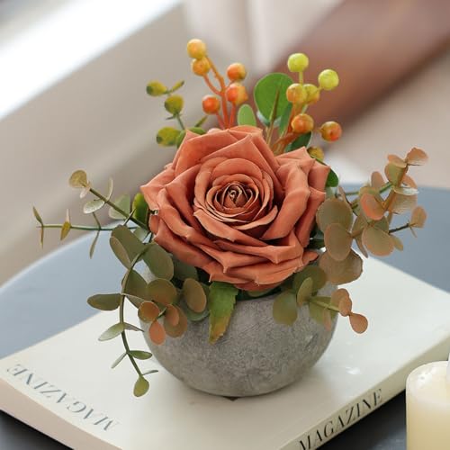 mizii DIY Artificial Orange Silk Rose Potted Plant Kit with Vase