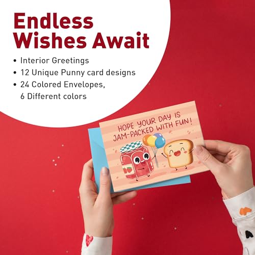 Funny Birthday Cards Bulk Set with Envelopes – 24 Punny Greeting Cards for Kids & Adults