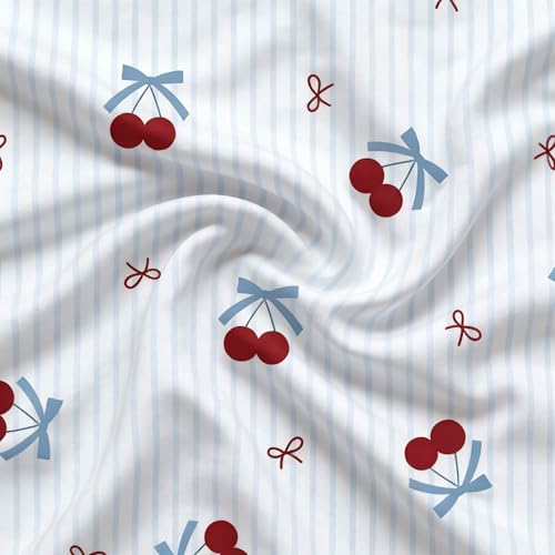 Nayoroom Queen Duvet Cover Set - Blue Striped Cherry Bow Bedding